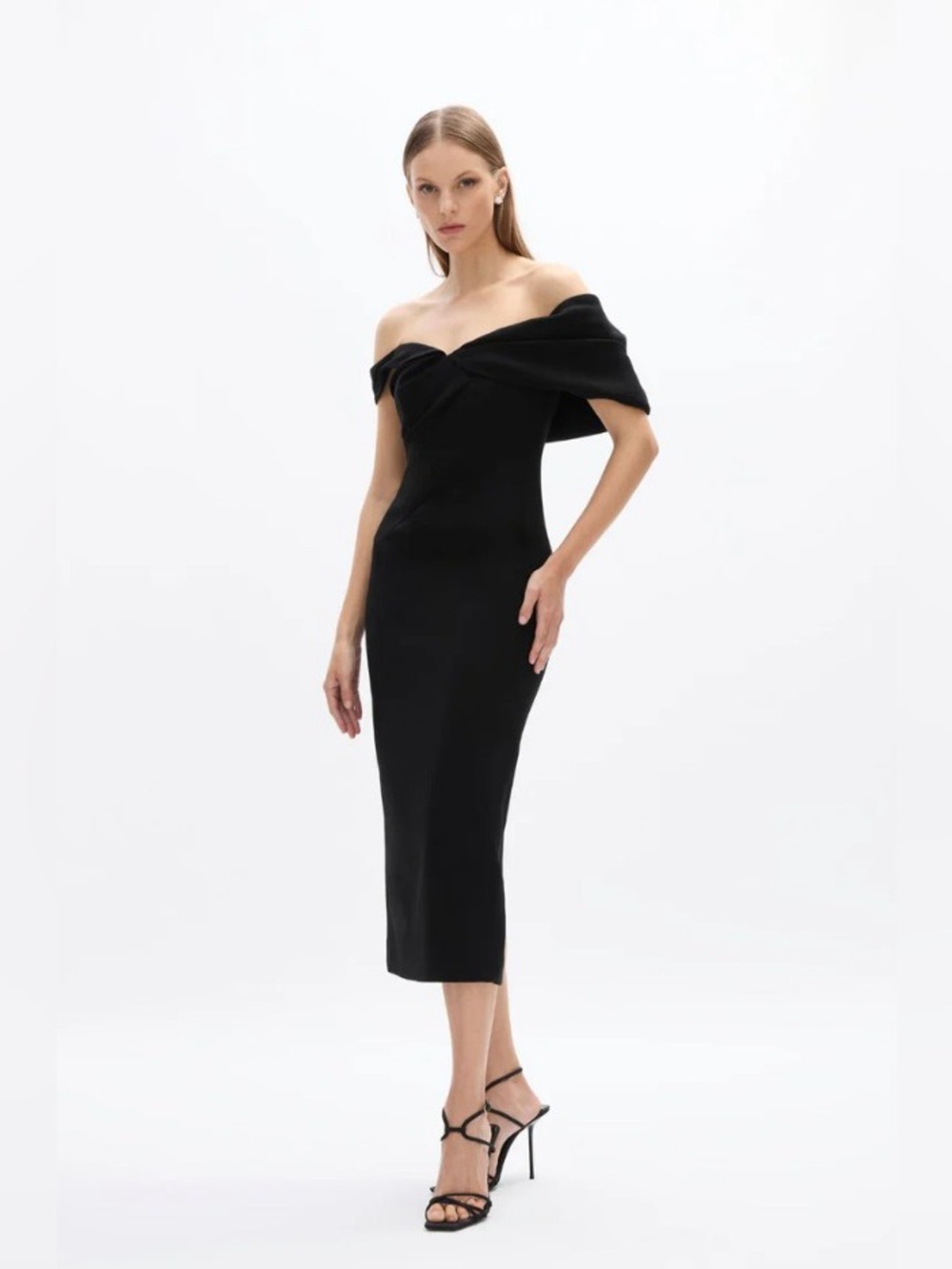 Rachel Gilbert Mattie Black Bardot Off-the-shoulder Column Midi Dress AU1/US4